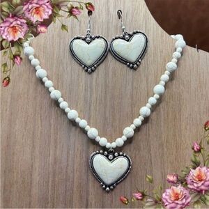 3 Pcs Fake cream Turquoise Stone Decor heart Necklace Earring‎ Jewelry Set